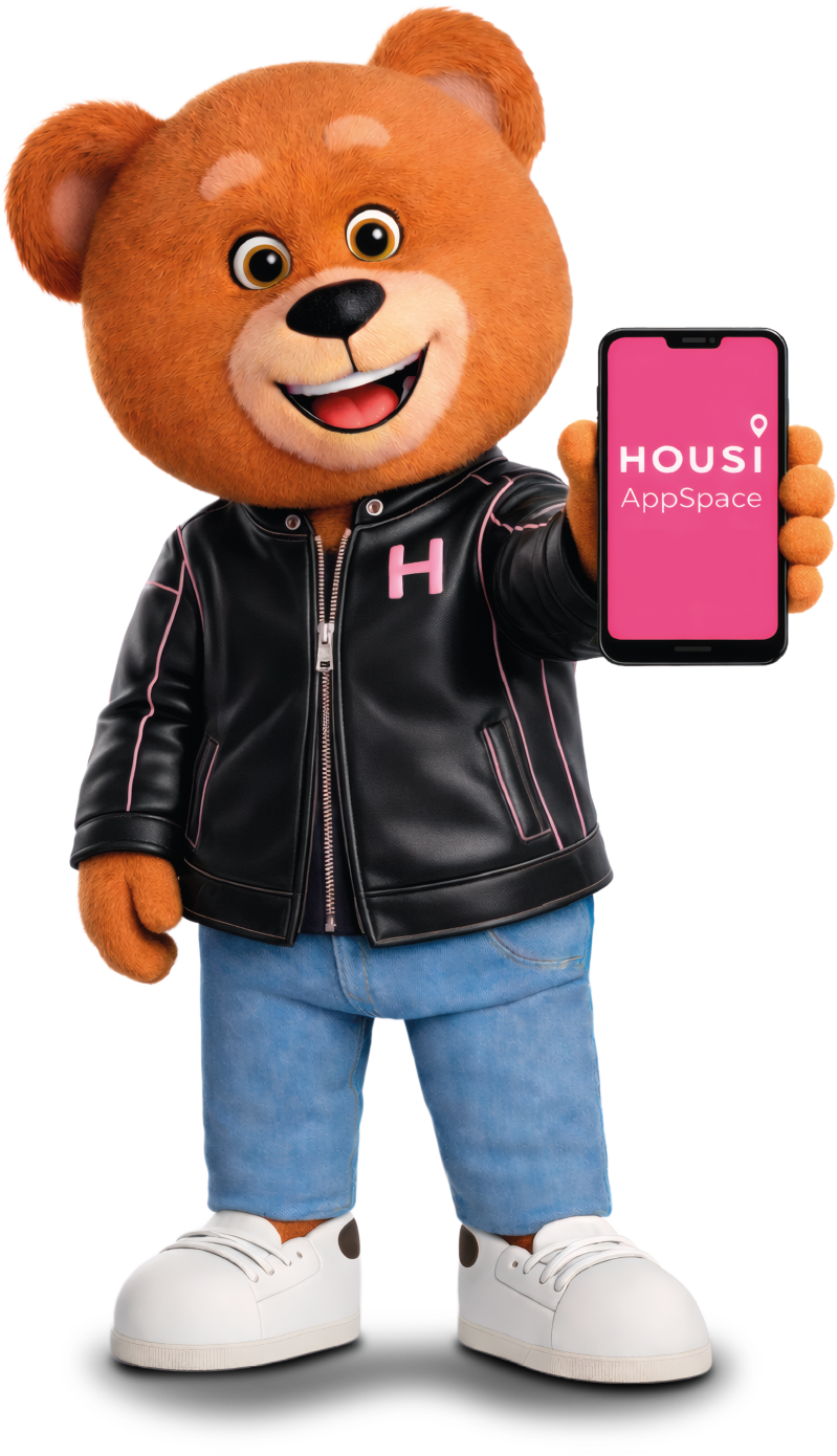 Mascote Housi segurando o aplicativo Housi AppSpace